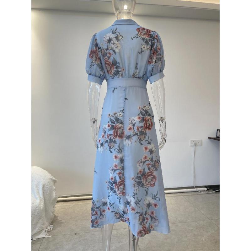Abito Maxi Azzurro Chiaro con Stampa Floreale, Scollo a V, Maniche a Bolle, Cintura in Vita, Abito Estivo da Vacanza