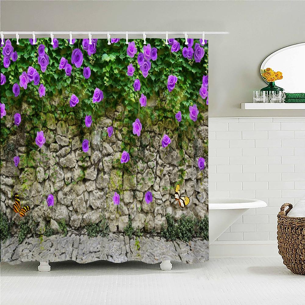 Vattentät Duschdraperi med Blommor Gräs Växt Stenmur för Badrum Badgardiner Extra Lång 180*200 CM 3d Duschdraperi