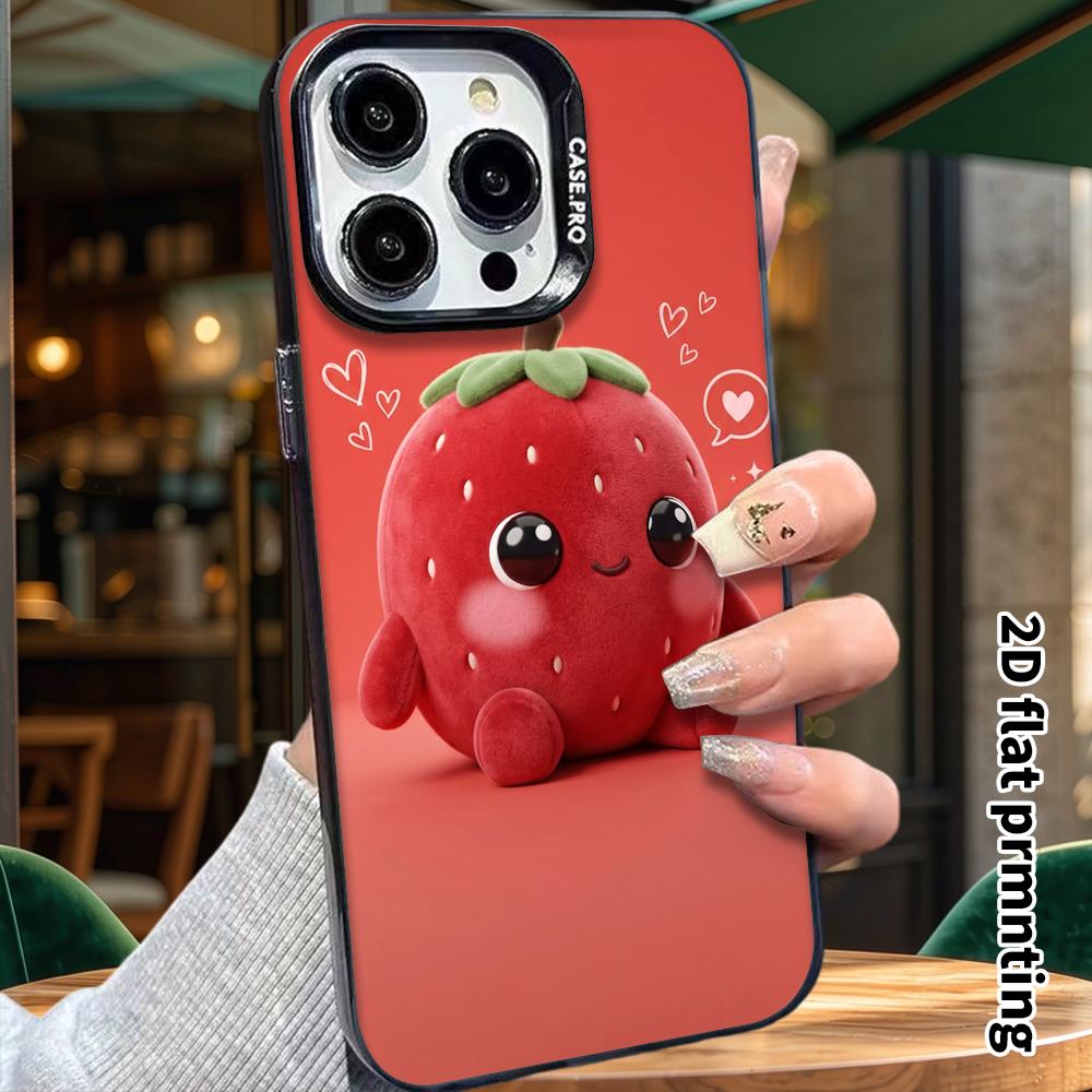 Phone Case: 2D Flat Design Suitable for iPhone 18, 17, 16, 15, 14, 13 Pro, Color Silver Protective Case, Couple Style, Strawberry Plush Toy, Christmas