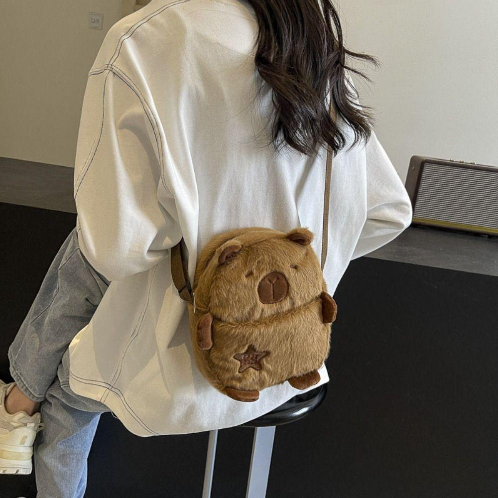 Cute Cartoon Capybara Crossbody Bag New Plush Shoulder Bag Large Capacity Zipper Mobile Phone Pouch Coin Purse