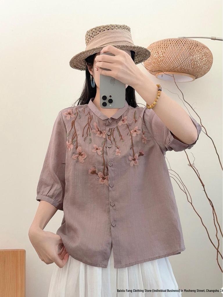 2026 Summer Women's Artistic Embroidered Linen Shirt: Chinese Style, National Flair, Small Lapel, Five-Point Sleeves