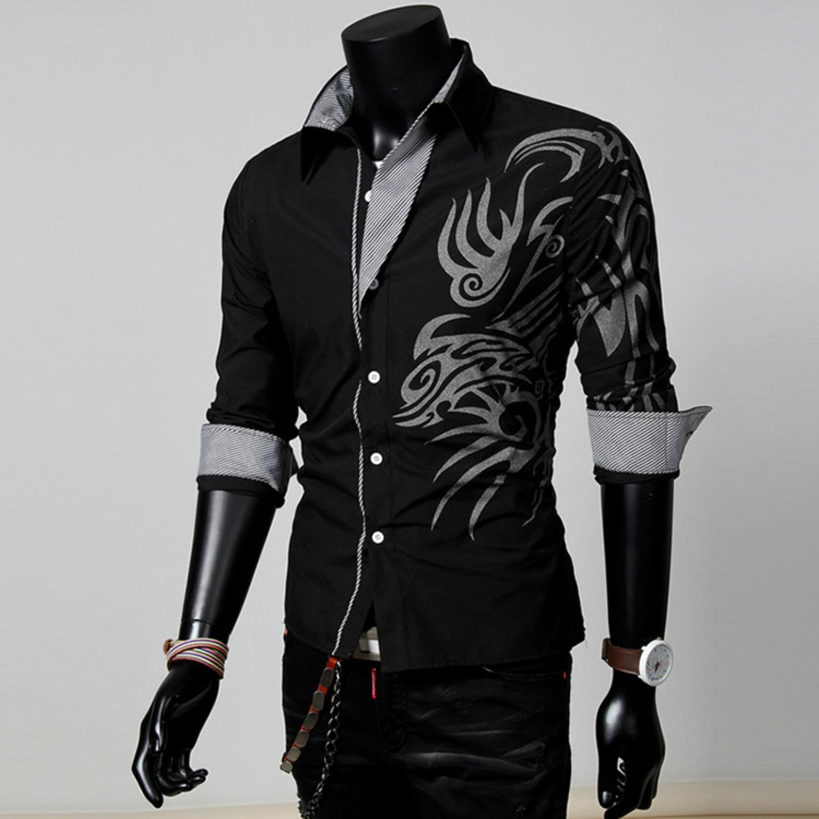 

Casual Men s Shirt With Chinese, Dragon Pattern Slim,Fit Printed Long,Sleeved Shirt For Men Trendy XL чорний
