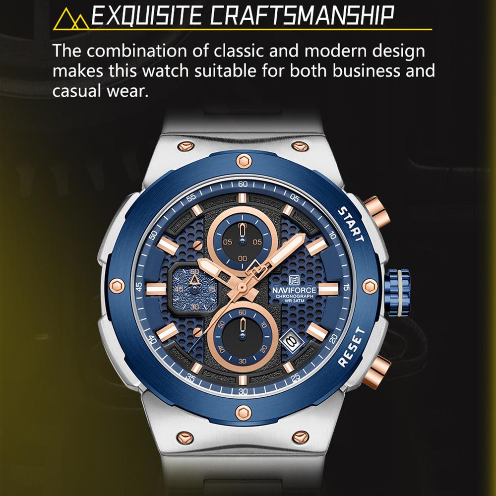 Naviforce Męski Zegarek Kwarcowy Wskazówkowy Stoper Chronograf Wodoodporny Pasek Ze Stali Nierdzewnej Kalendarz Luminescencyjny Męski Chłopięcy Modny Zegarek Casualowy NF8072
