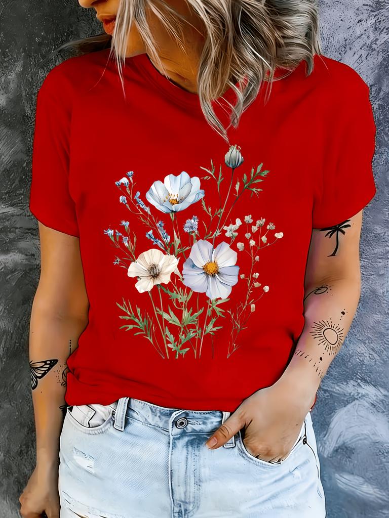 Women's Round Neck Short Sleeved Printed T-shirt Casual Top with Random Floral Design Fashionable and Comfortable  Printed Top