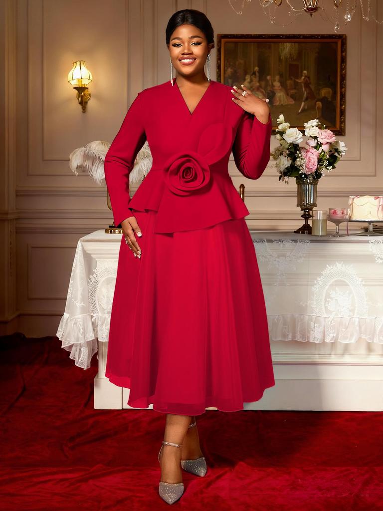 Plus Size Women's Elegant V-Neck 3D Floral Long Sleeve Ruffled Party Dress