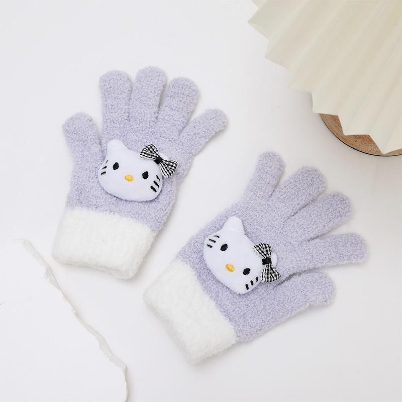 Cute and Cute Color Matching Kai T Cat Five Finger Gloves Autumn and Winter Warm and Thickened Writing Finger Gloves for Boys and Girls