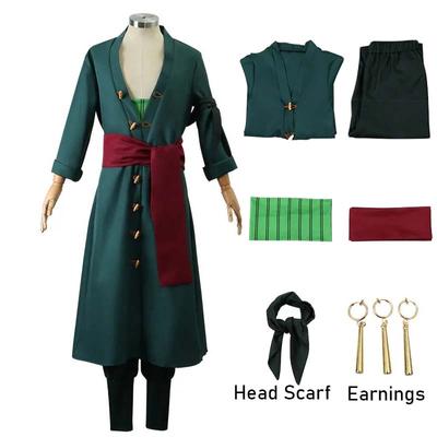 Roronoas Cosplay Kostým Anime Kimono Robe Zoro Cloak Jednotné halloweenské oblečení s náušnicemi na Comic Con
