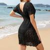 Women Bikini Cover Up Beach Smock Dress Beachwear Sarong Hollow Cover Ups Summer Female Short Sleeve Deep V Neck Swimwear