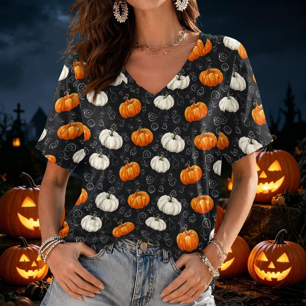 Women's V-Neck Lightweight Halloween Print Top for Spring and Summer