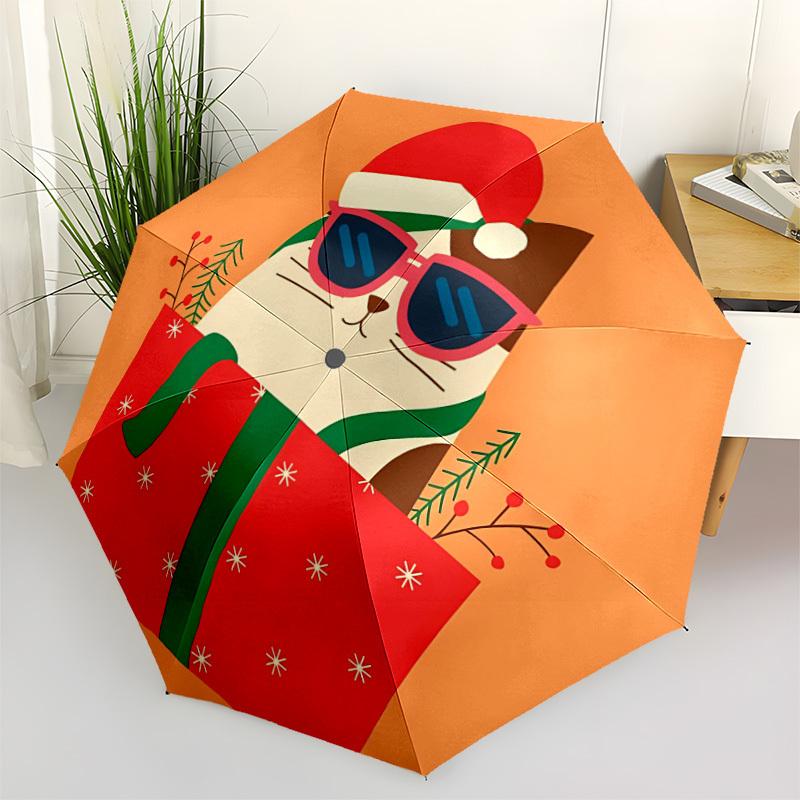 1pc Festive Cat Holiday Gift Box Automatic Open/Close Umbrella with One-Touch Button, Compact Folding Canopy, Sturdy 8-Rib Windproof Design S10