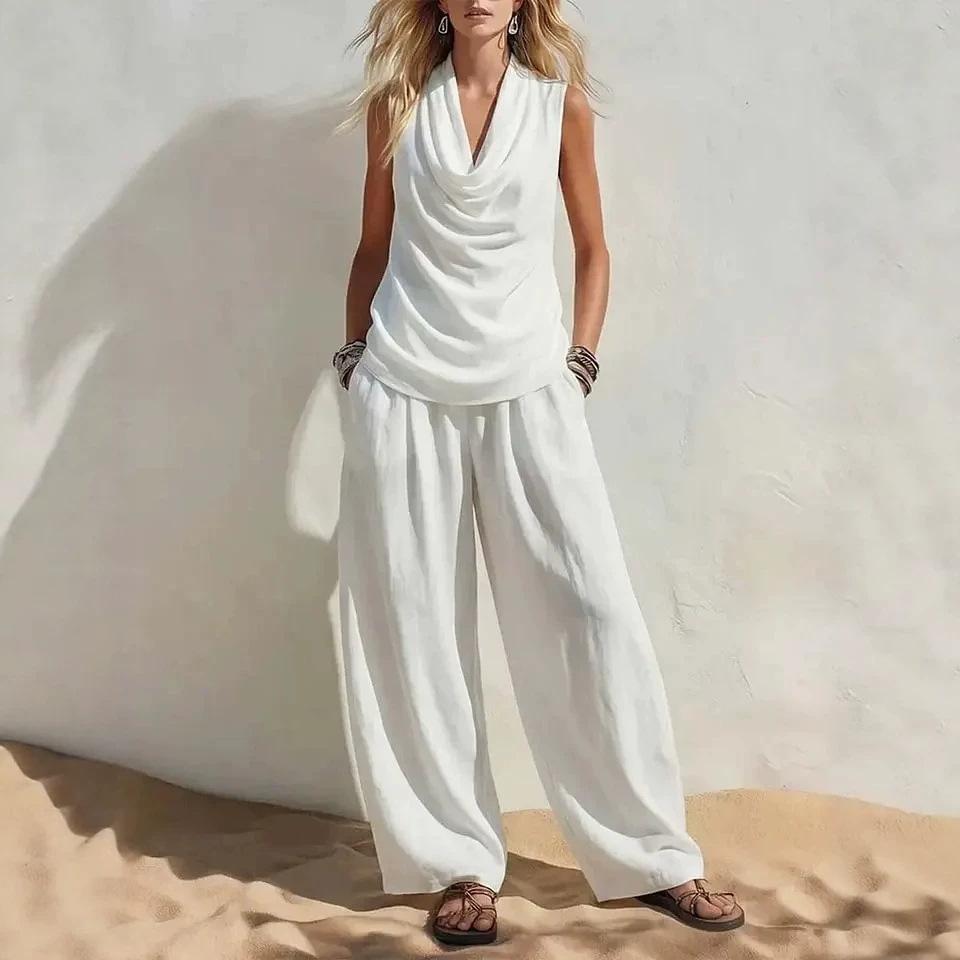 women's Cowl Neck Sleeveless Draped Tank Top High Waist Wide Leg Pants Elegant Casual Two Piece Outfit Tracksuit Set
