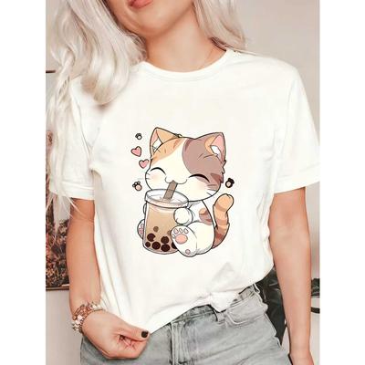 Camiseta Oversized Gato Fofo de Bubble Tea Preta Gato Kawaii Bebendo Chá com Leite Estampa Gráfica Casual de Caimento Solto Top Para Mulheres Moda Streetwear de Verão