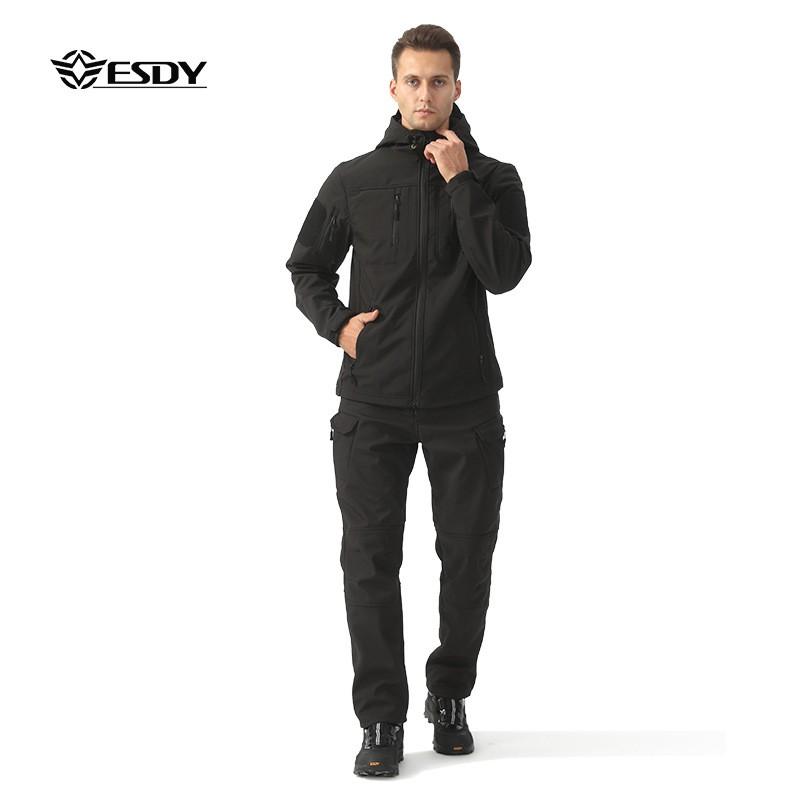 Mens Outdoor Softshell Jacket Set Windproof Warm Hiking Climbing Travel Suit Two Piece