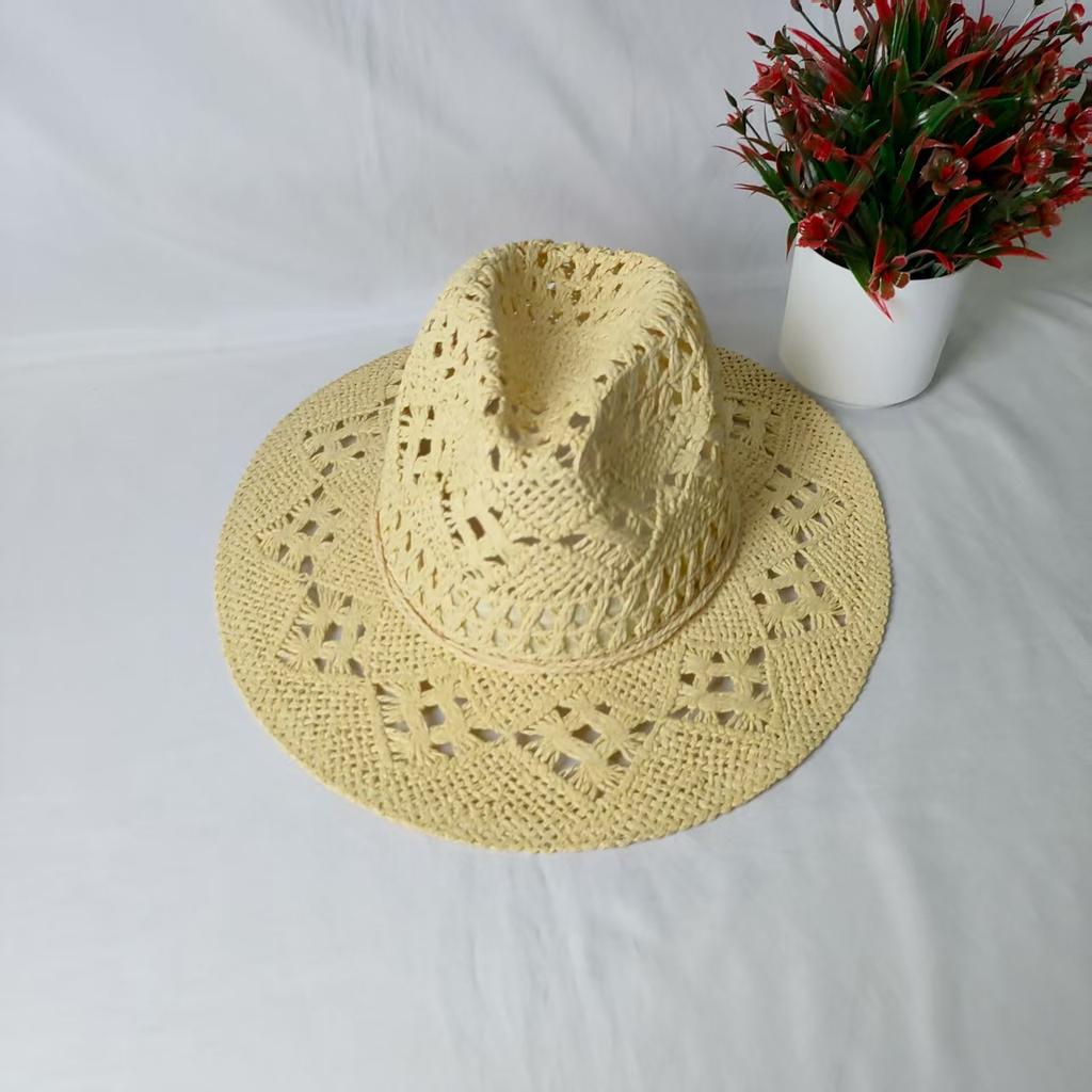 Sommer Sonnenblende Kinder hohl atmungsaktiv Strand handgewebter Strohhut Retro Glockenhut Cowboyhut