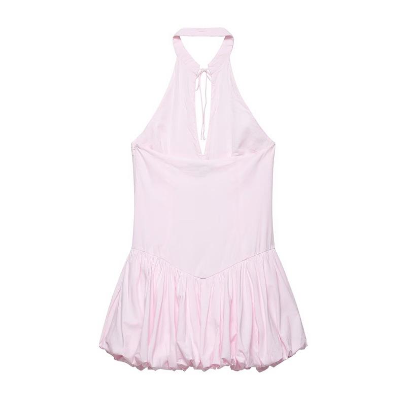 2026 Women's Poplin Halter Neck Balloon Silhouette Short Dress