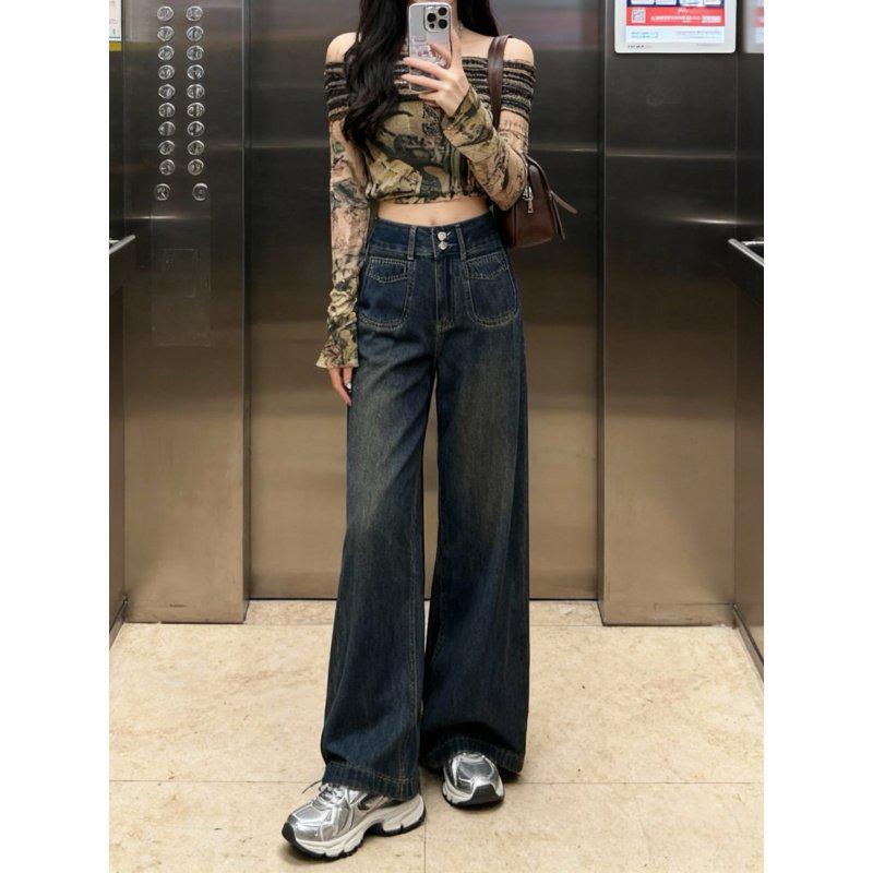 Velvet Thickened Wide-Leg Jeans for Women - 2026 Autumn/Winter Retro High-Waisted Straight Leg Pants