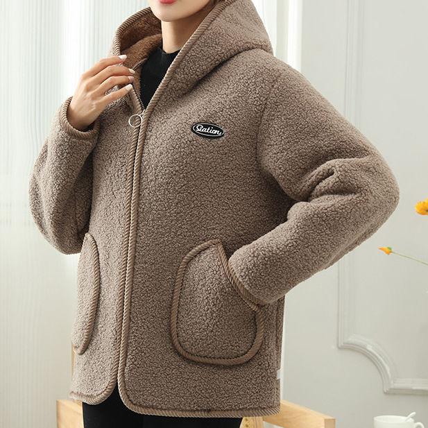 Autumn and Winter Plus Velvet Jacket, Hooded Top, Warm Granular Velvet Plus Size Women's Cotton Coat