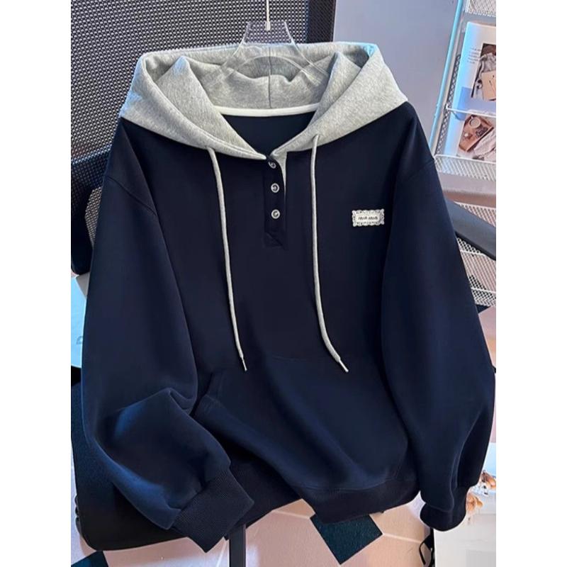 

Новая осенне-зимняя толстовка с капюшоном свободного кроя, приталенная, однобортная, контрастного цвета, с длинным рукавом XL темно-синий