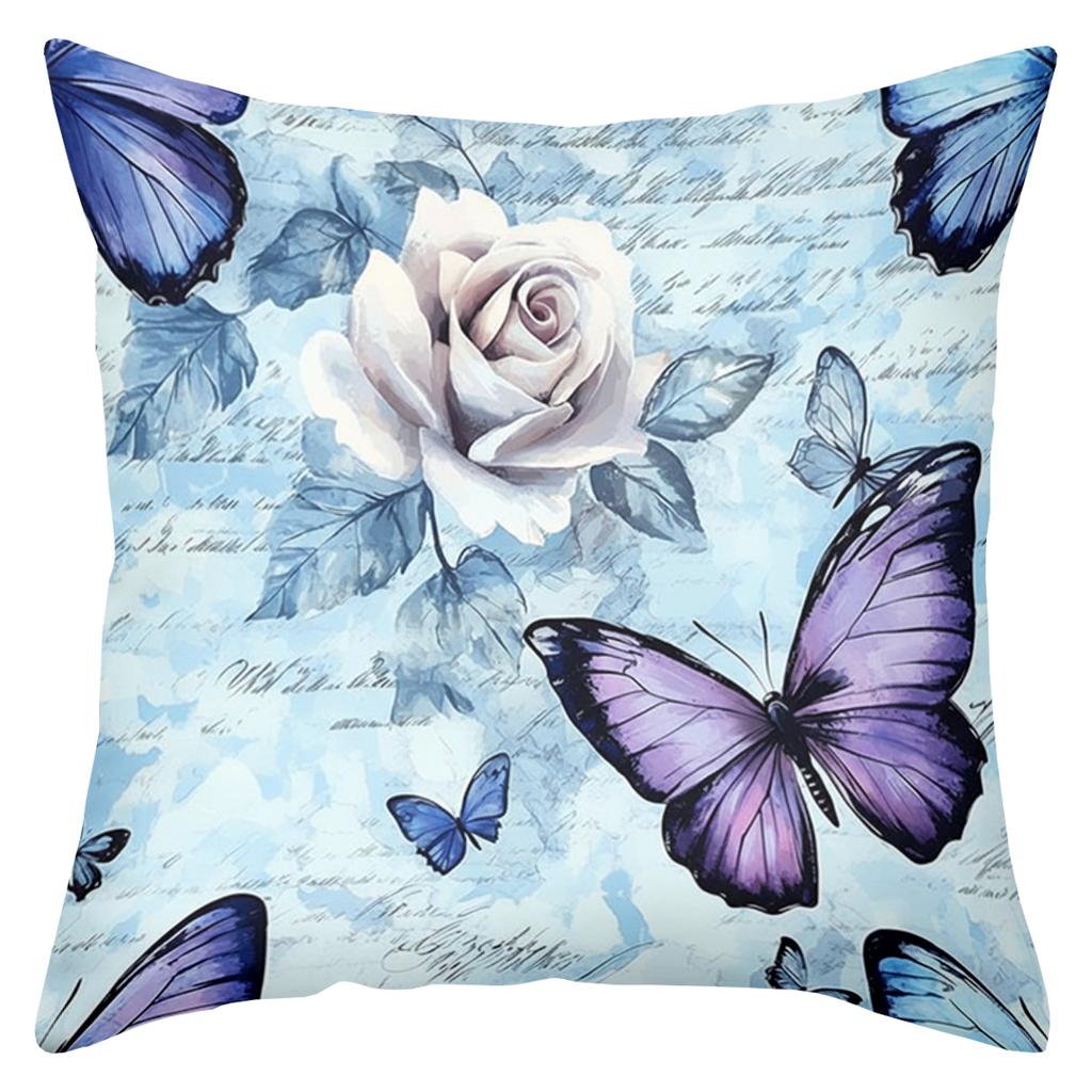 2D Flat Printing Blue Butterfly and Rose Pattern Decorative Cushions Polyester Pillowcase, Sofa Decorative Cushion Cov