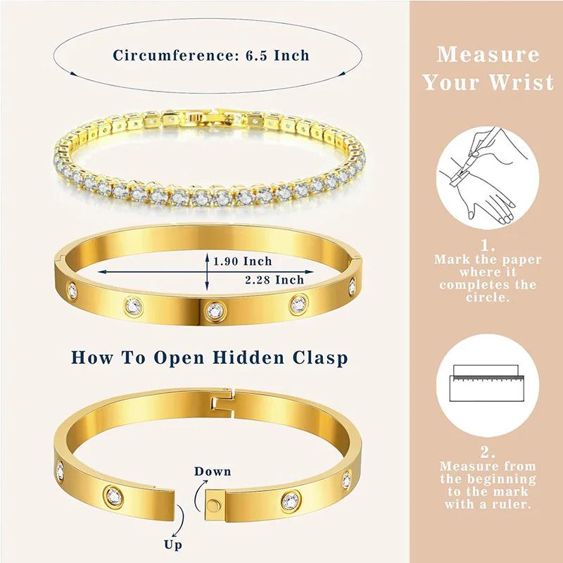 Stackable Gold Bracelets Bangles for Women Girls 14K Gold Plated Cubic Zirconia Tennis Bracelet Stainless Steel Jewelry Gifts