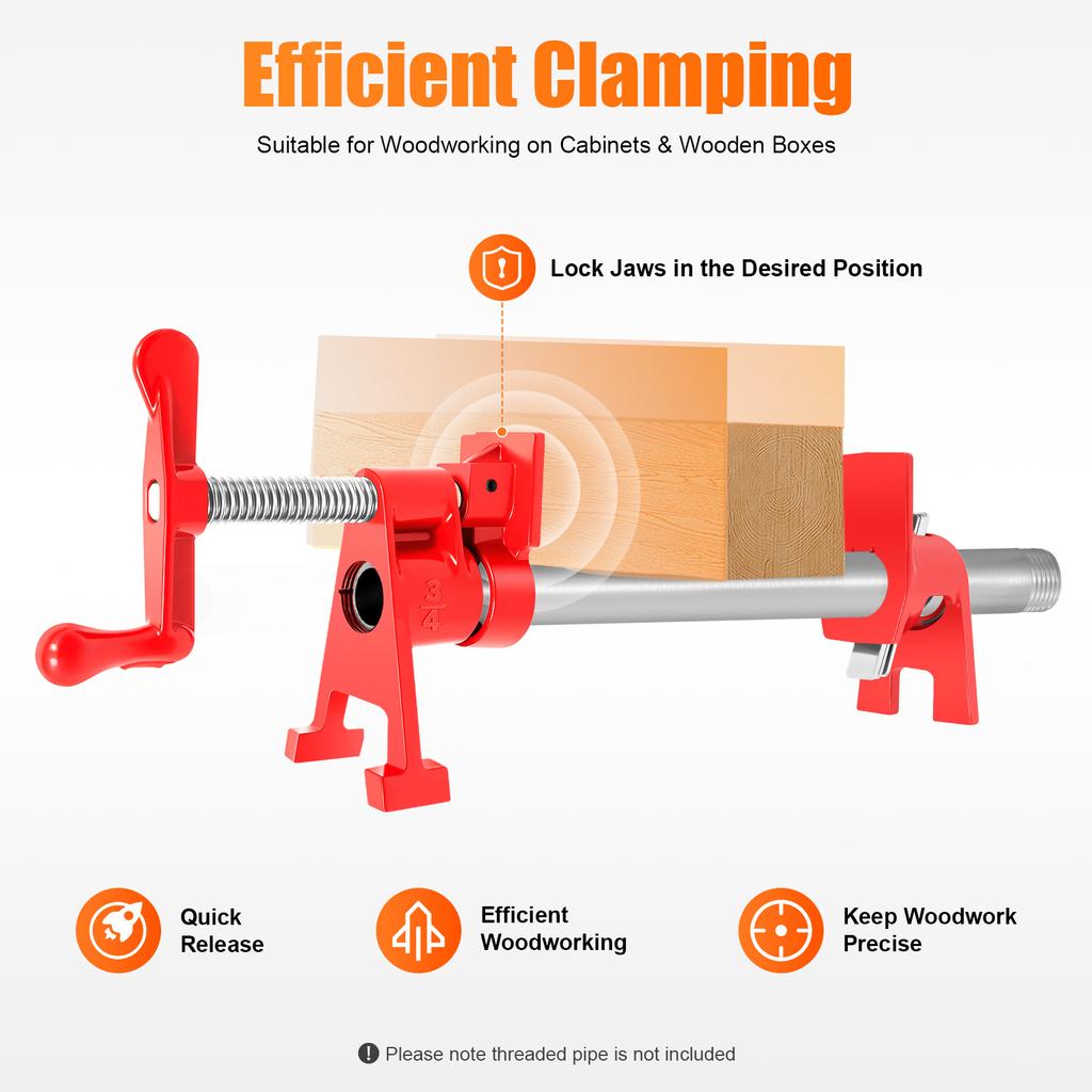 4-Piece Wood Gluing Pipe Clamp Set – Heavy-Duty Cast Iron Bar Clamps for Woodworking – Red