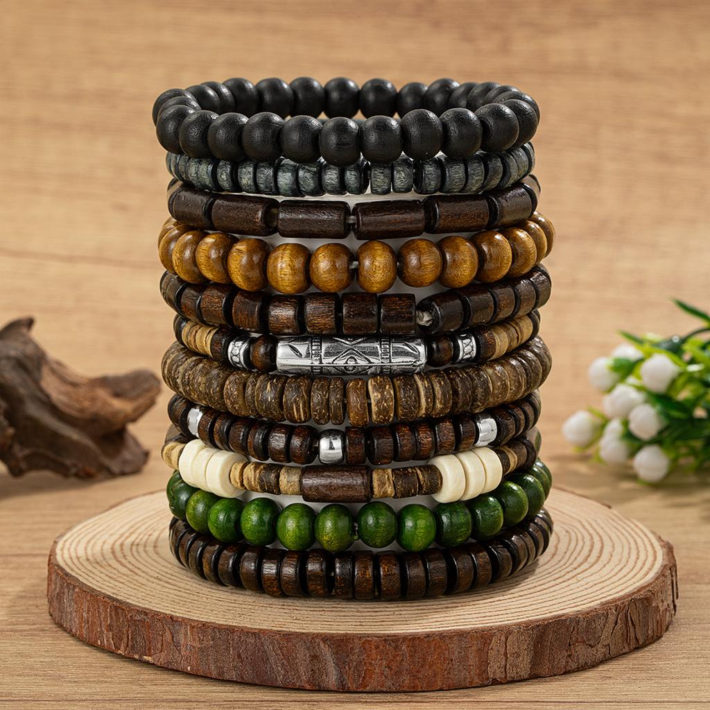Vintage Natural Wood Bead Bracelet Set, Multi-piece Ethnic Style Beaded Bracelets, Bohemian Forest-inspired Jewelry