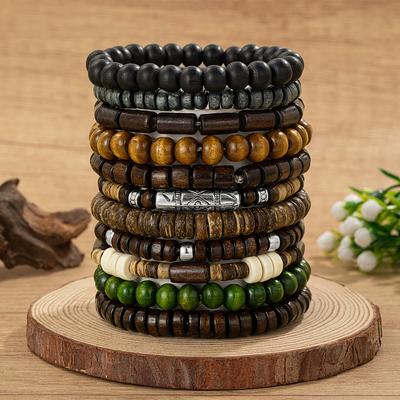 Vintage Natural Wood Bead Bracelet Set, Multi-piece Ethnic Style Beaded Bracelets, Bohemian Forest-inspired Jewelry