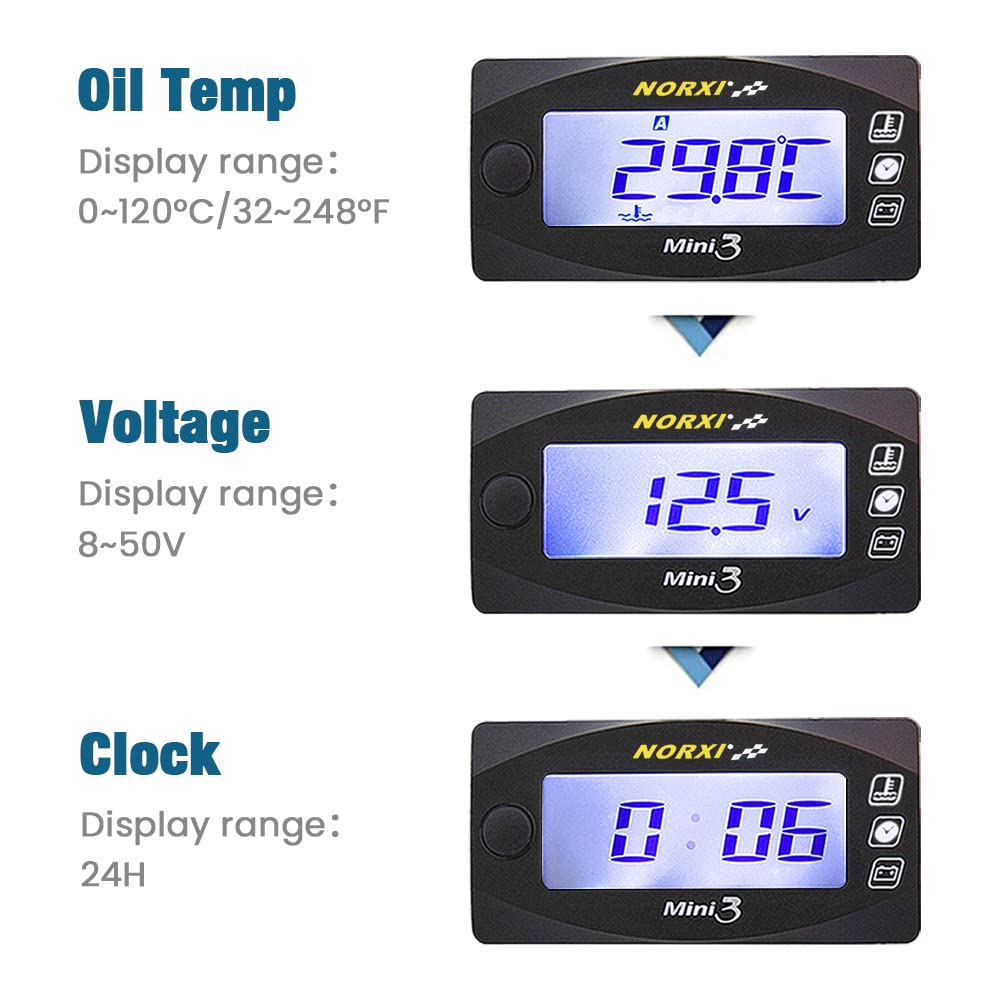 NORXI 3 In 1 Multi-functional Motorcycle Digital Meter, Mini 3 (3 Displays Temperature/Voltage/Clock