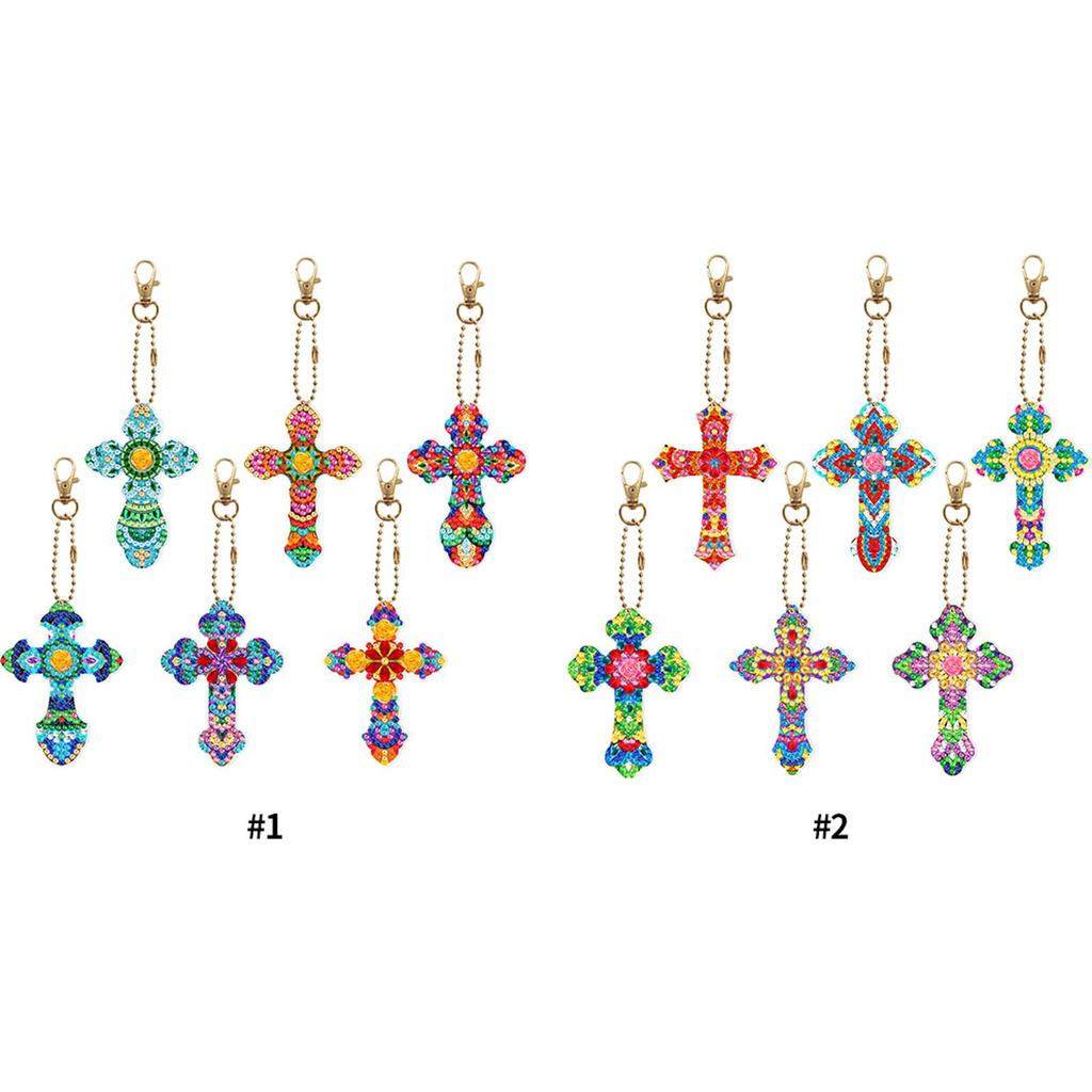 6pcs Cross Gem Keychains Diamond Mosaic Kit DIY Special Shaped Drill Keychains Rhinestone Pendant Double Sided Lady Bag Pendant
