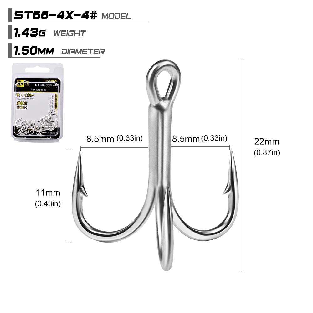 PROBEROS Treble Fishing Hooks 4X ST66 High Carbon Steel Hook 4#-5/0# High Strength Hooks Tackle 10pcs/box (as the picture,High Carbon Steel)