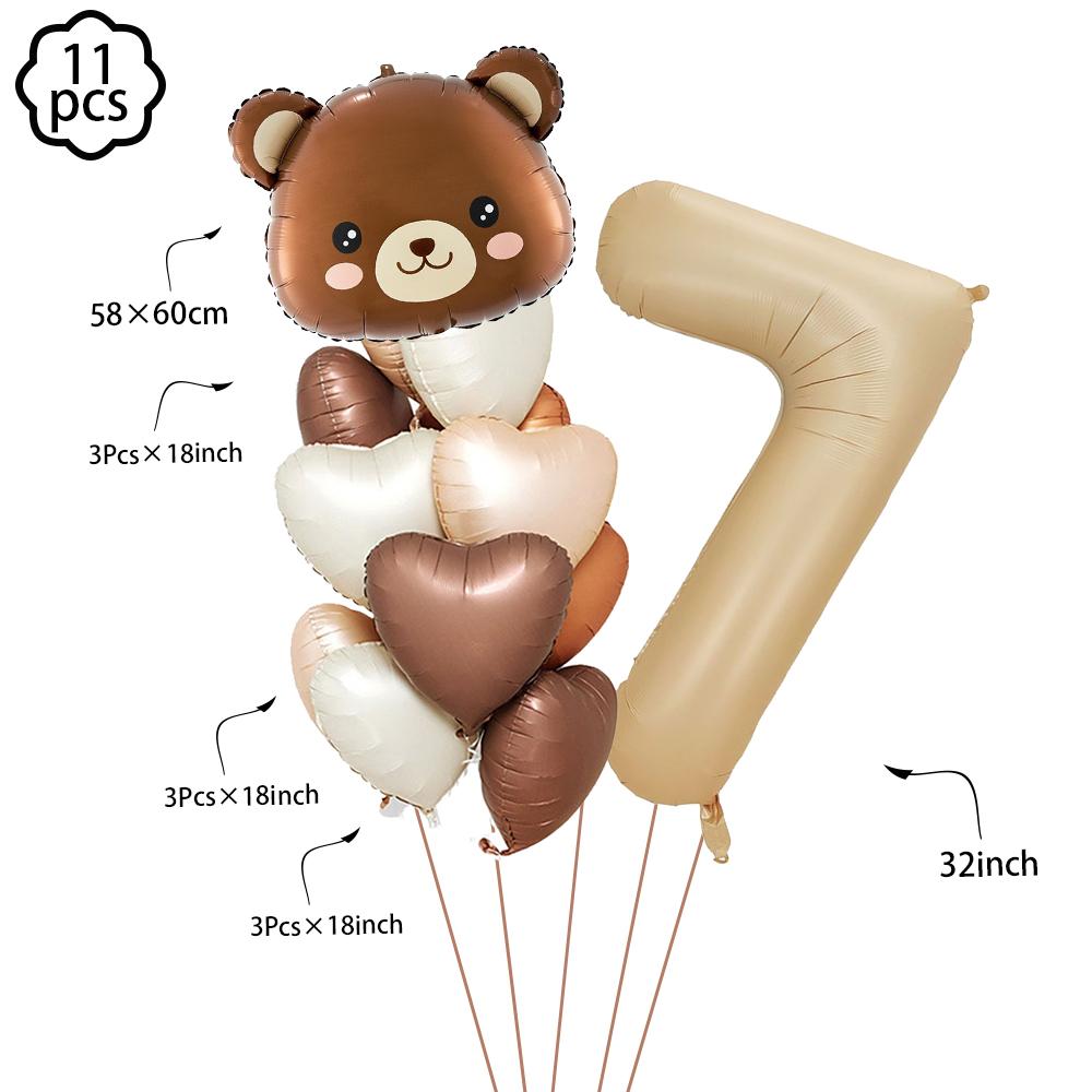 Coffee Brown Teddy Bear Balloon Number Heart Balloon Set Kid Birthday Party Decoration Baby Shower Wedding Valentine's Day Decor