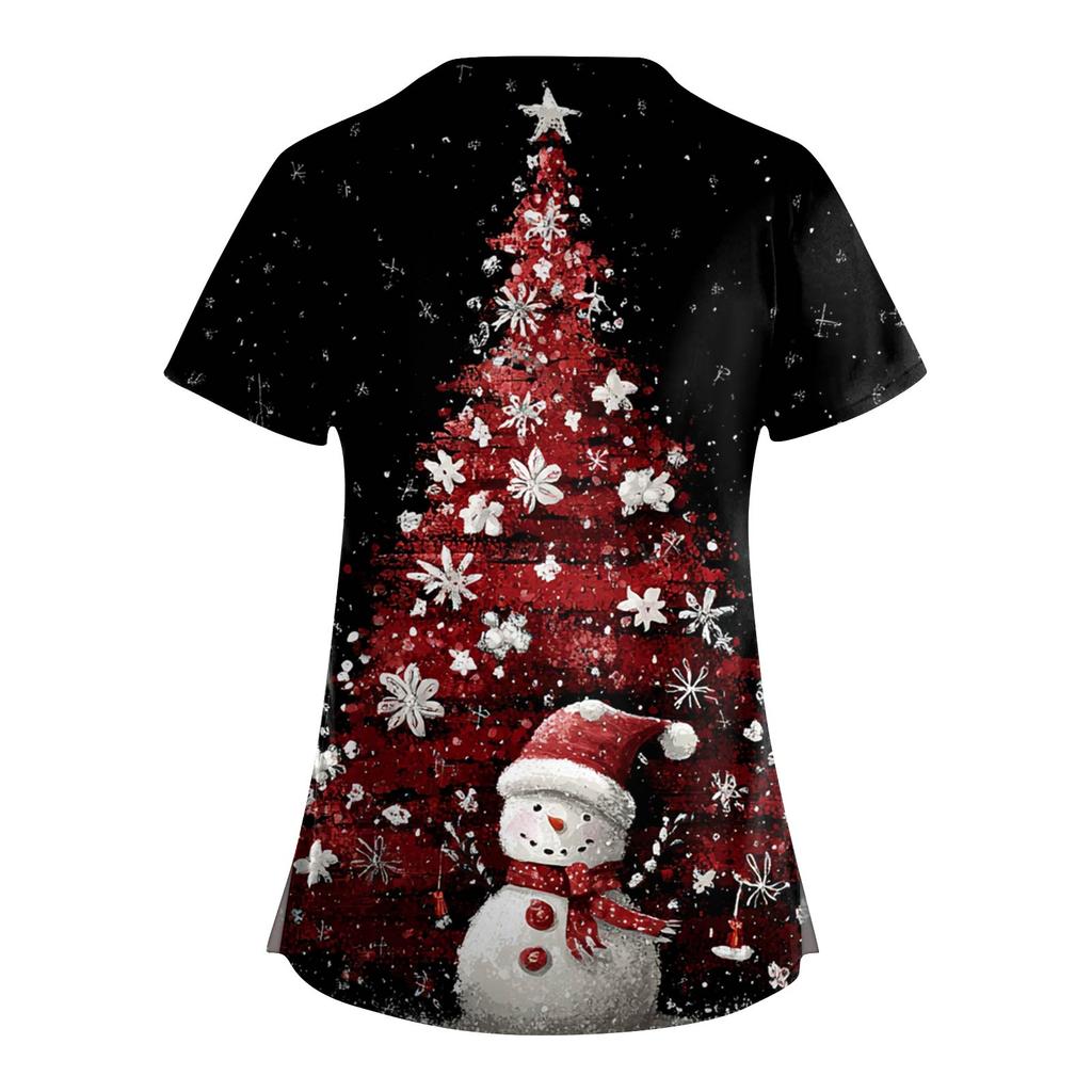 Modă Femei Mânecă Scurtă Decolteu în V Haine de Lucru cu Buzunare Top cu Imprimeu de Crăciun Uniformă Îngrijitor