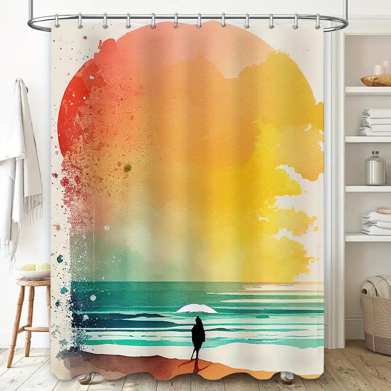 Colorful Shower Curtain Beach Sunset Design for Bathroom Decor Modern Waterproof Fabric with Hook Rings Set in Various Sizes