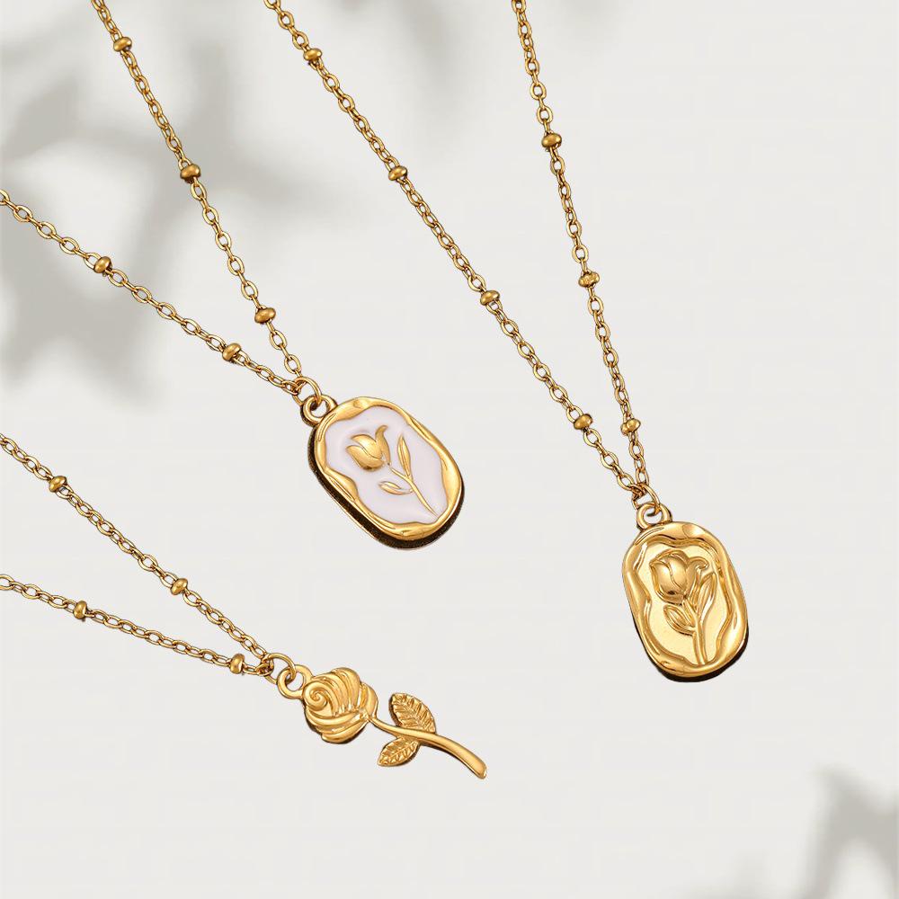 18K Gold Rose Flower Pendant Necklace - Stainless Steel Titanium, Colorfast, High-End Women's Accessory