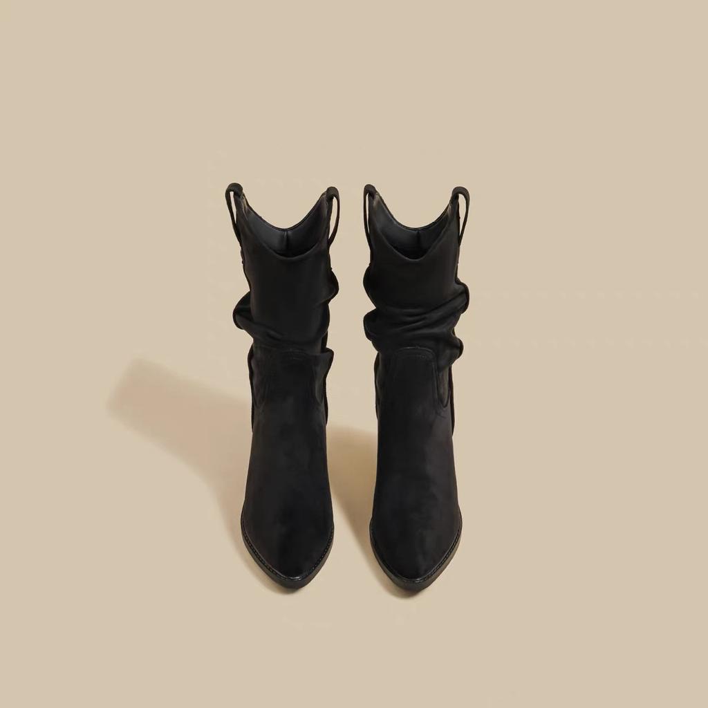 2025 Autumn and Winter New Thick-heeled Martin Boots Women's Retro Wasteland Wind Pleated Medium Boots High-heeled Suede Knight Boots