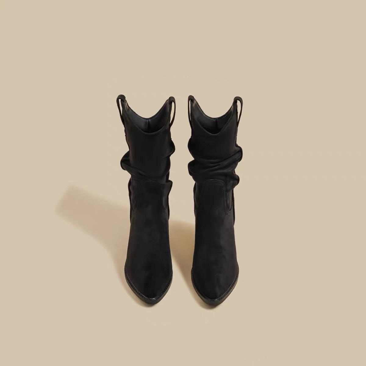 

2025 autumn and winter new thick-heeled Martin boots women s retro wasteland wind pleated medium boots high-heeled suede knight boots 40 чёрный