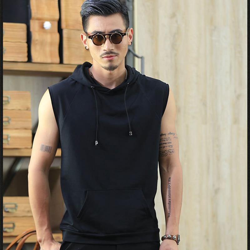 

Футболка мужская без рукавов с капюшоном в гонконгском стиле - свободный корейский модный летний жилет M