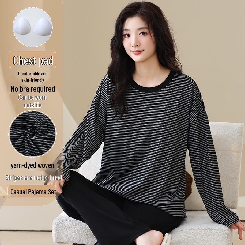 Pyjama d'automne pour femme à col rond rayé à manches longues avec coussinets de poitrine - Ensemble décontracté grande taille pour la maison et l'extérieur