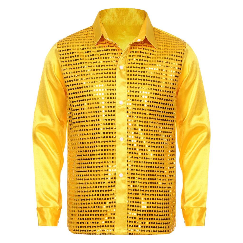 Mens Shiny Sequin Dance Shirt Latin Jazz Performance Wear Turn Down Collar Long Sleeve Patchwork Top