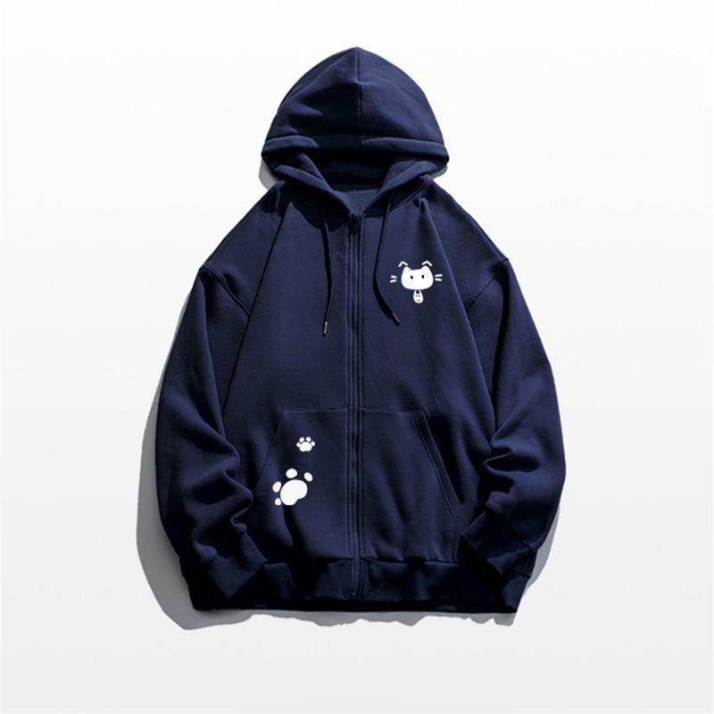 Spring And Autumn Thin Collection Fashion Trends Versatile Casual Lazy Wind 2025 New Cute Girl Zipper Fun Cat Print Hooded
