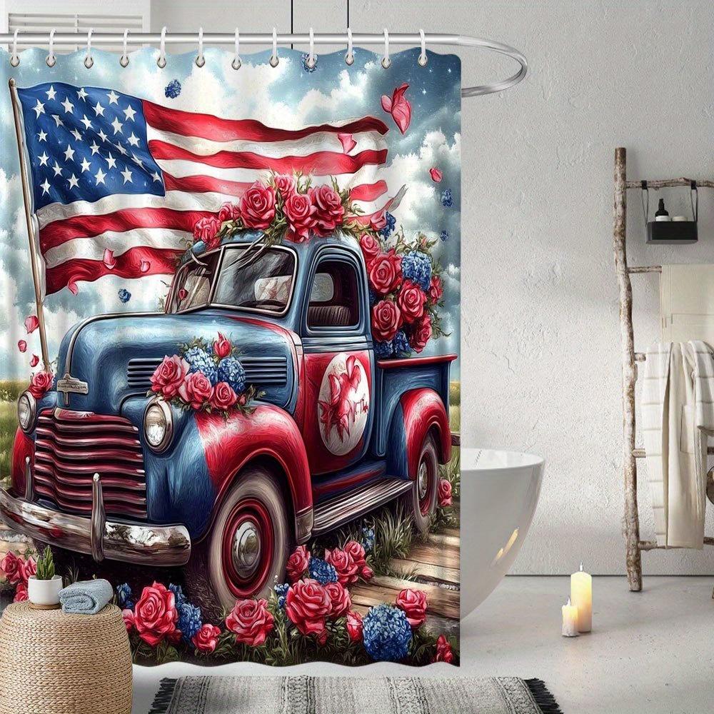 Vintage Patriotic Shower Curtain - American Flag & Roses, 72x72", 12 Hooks, Fade-Resistant, Machine Washable, High-Def Print