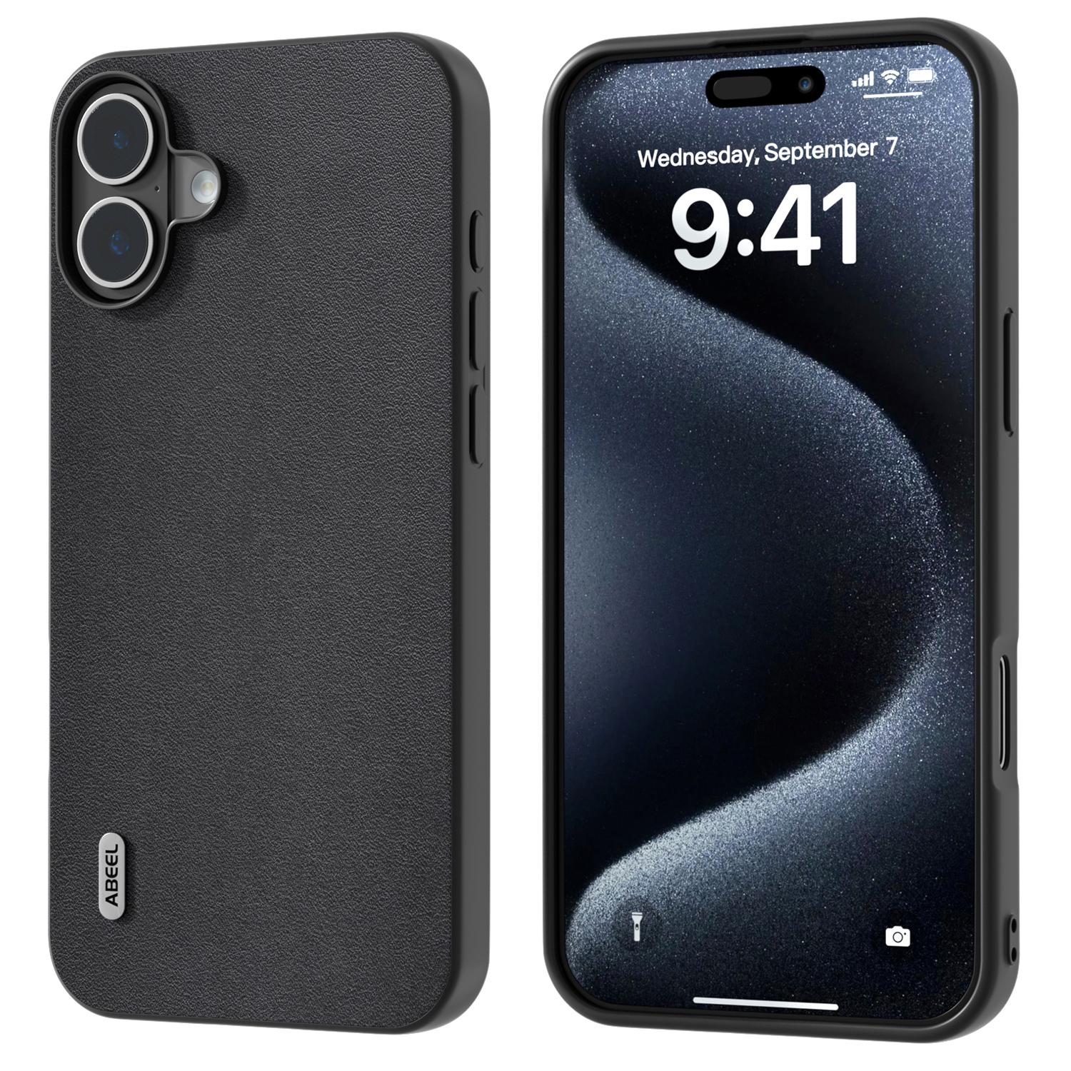 

For iPhone 16 Plus Case Genuine Cow Leather+PC+TPU Protective Phone Cover Black