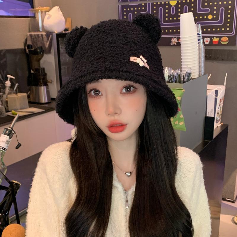 New Autumn and Winter Hat for Women Cute Little Bear Imitation Lamb Velvet Fisherman Hat Warm In Winter To Show The Face Small Pot Hat Trendy