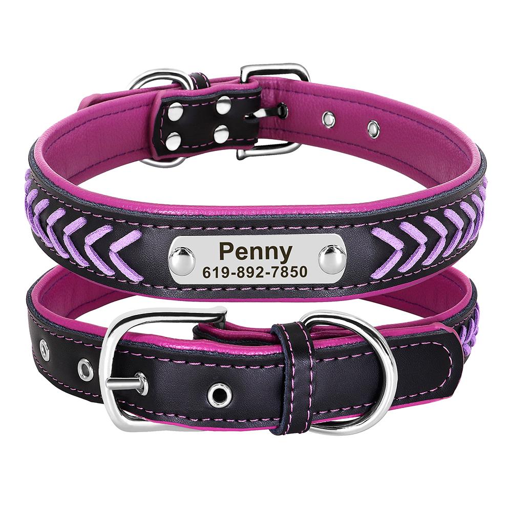 

Personalized PU Leather Dog Collar Custom Braided Dog Collars Padded Pet Necklace Free Engraving for Small Medium Large Dogs Pug XS（old） фіолетовий