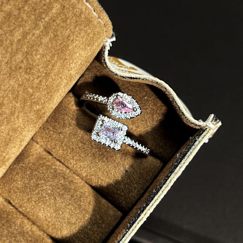 Pink purple geometric zircon micro-inlaid diamond shadow rainbow opening ring women s exquisite fashion high value sweet cool ring tide