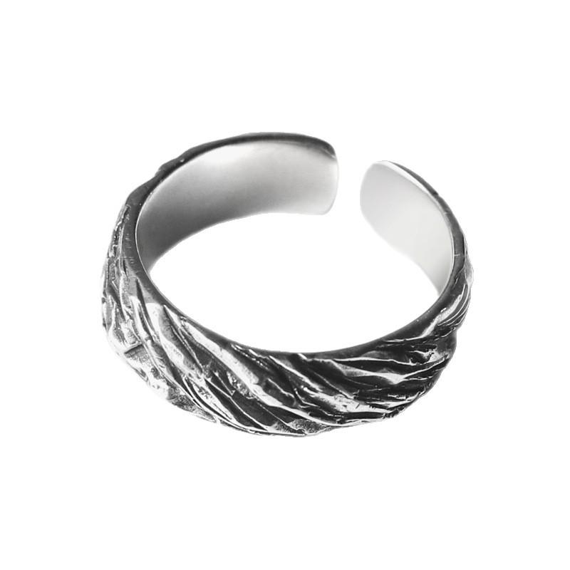 Yin Taifei Unisex Silver Stone Texture Open Ring - Versatile Retro Design for Couples
