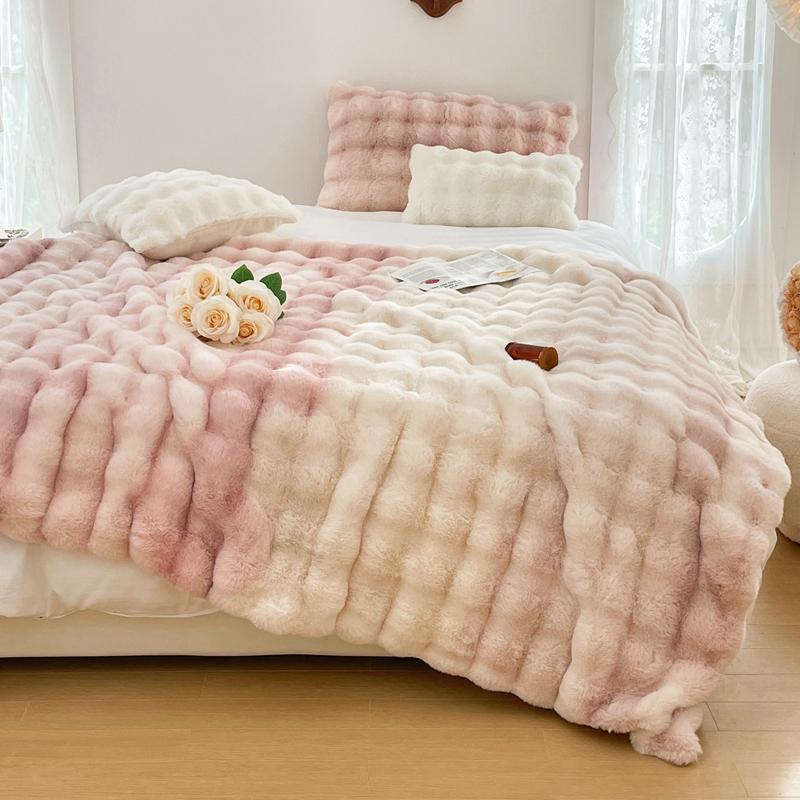 Luxury Double Layer Rabbit Fur Blanket Winter Thick Warm Fluffy Faux Fur Throws Blankets for Sofa Tie-Dye Soft Plush Bed Blanket