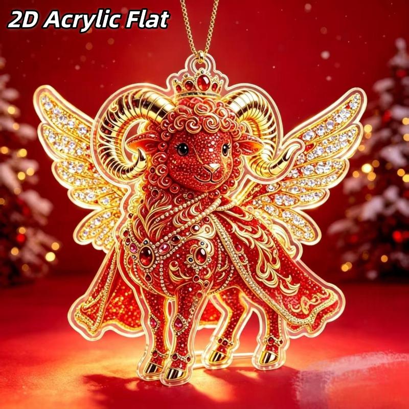 2D Acryl Sternzeichen Steinbock Weihnachtsbaum Anhänger Glücksbringendes Rot-Gold Design Für Rückspiegel Neujahr Hausdekoration