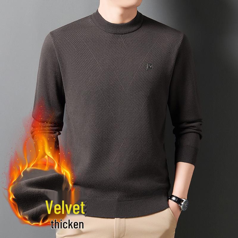 Men's Solid Color Half-High Collar Fleece Knit Sweater - Warm, Casual Base Layer Shirt