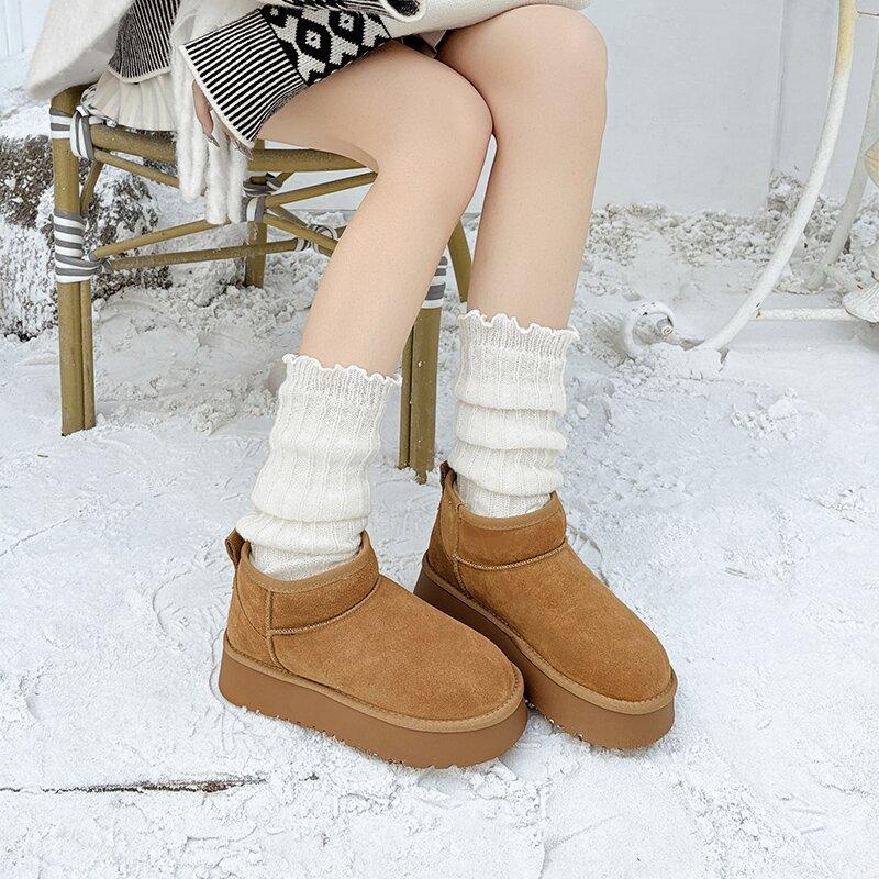 

Leather platform short snow boots female winter star piled thickened cotton shoes fluffy warm boots 40